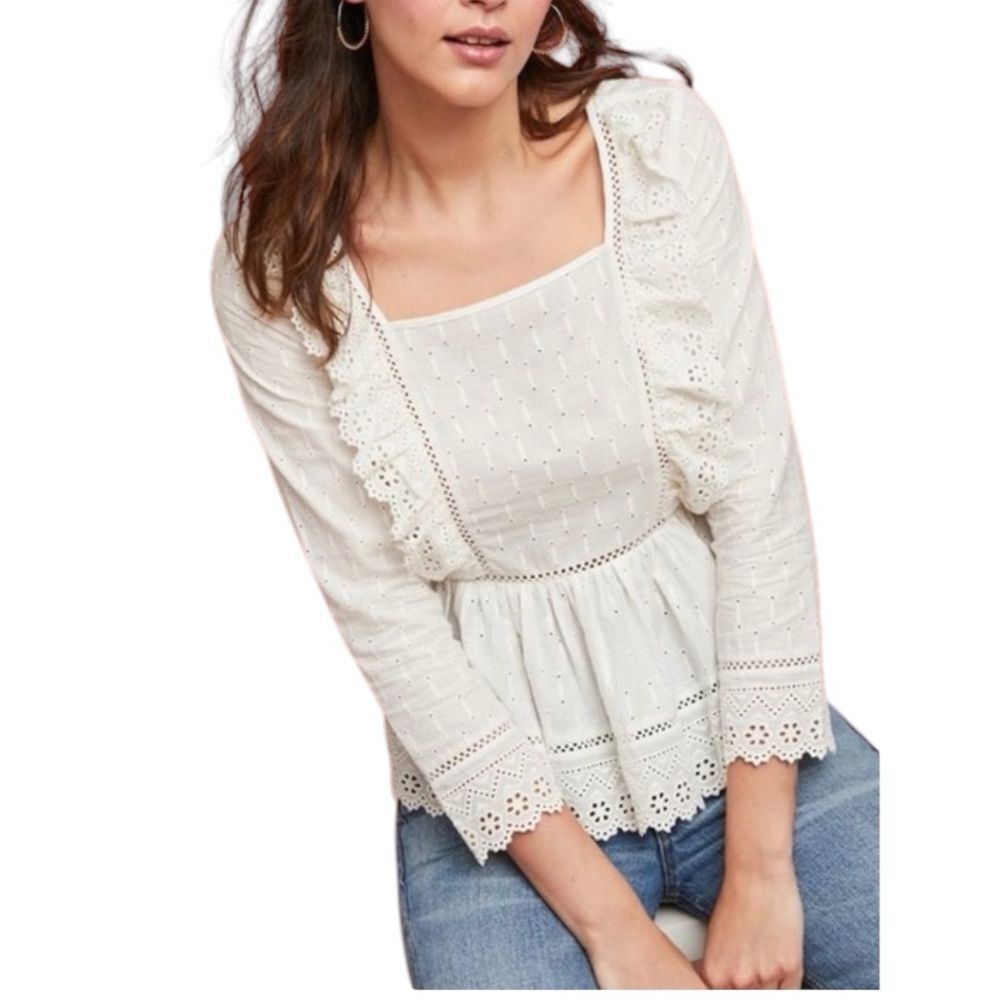 Anthropologie Meadow Rue White Edelyn Ruffled Eyelet Summer Blouse Top Sz 10